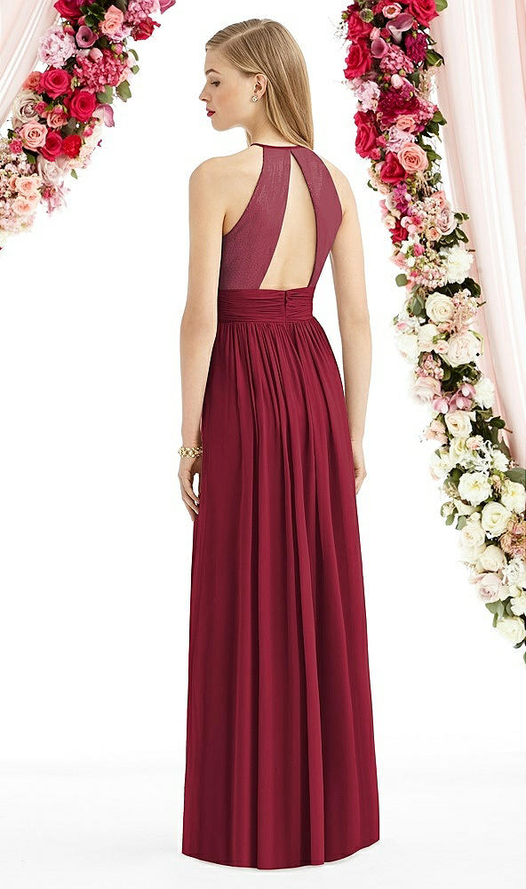 Back View - Burgundy Halter Lux Chiffon Sequin Bodice Dress