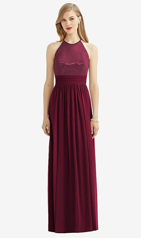 Front View - Cabernet Halter Lux Chiffon Sequin Bodice Dress