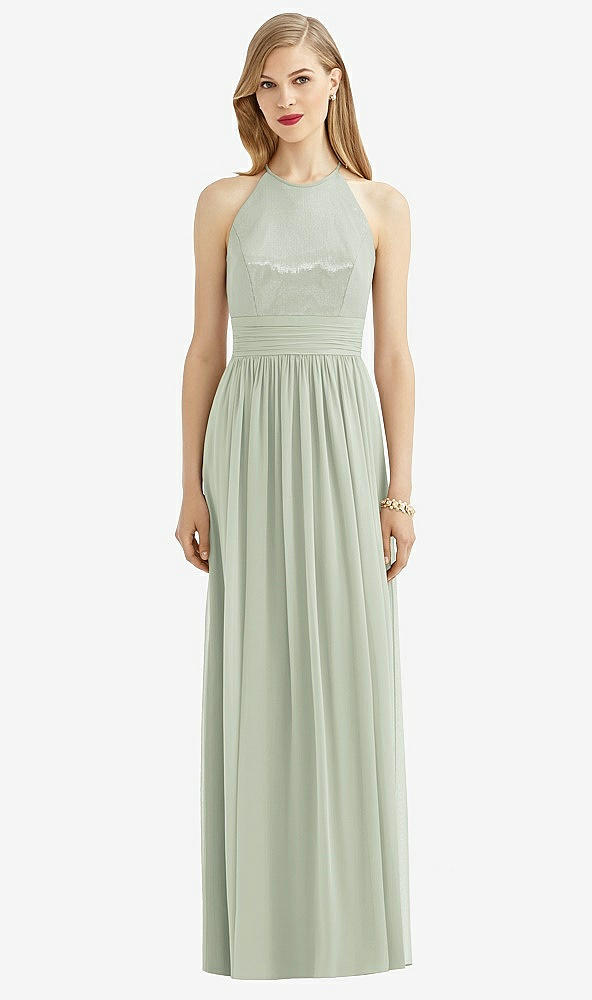 Front View - Celadon Halter Lux Chiffon Sequin Bodice Dress