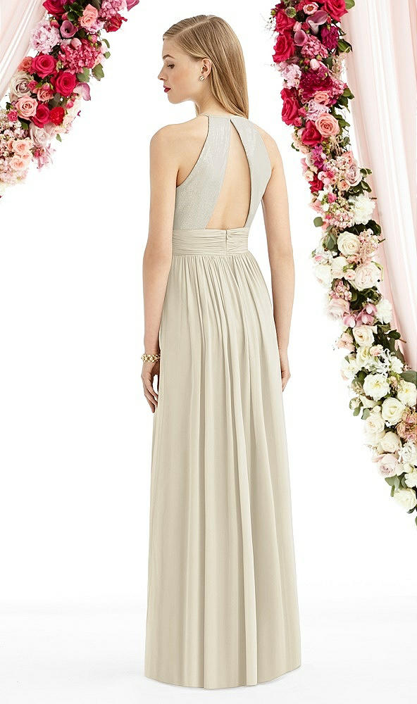 Back View - Champagne Halter Lux Chiffon Sequin Bodice Dress