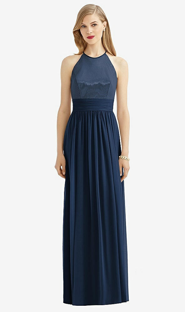 Front View - Midnight Navy Halter Lux Chiffon Sequin Bodice Dress