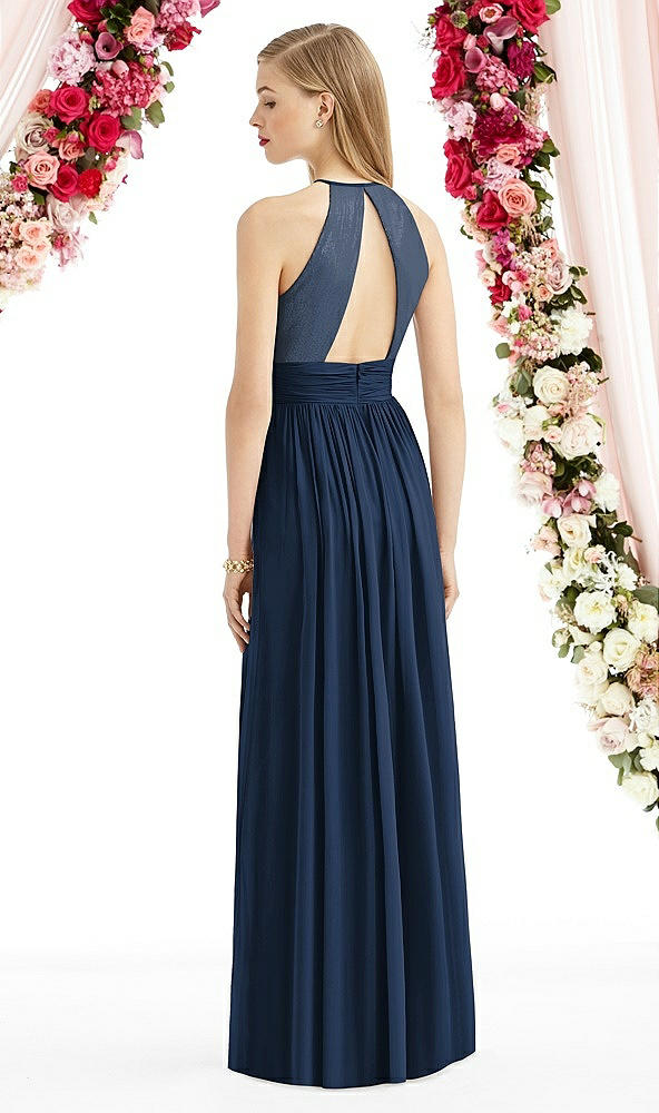 Back View - Midnight Navy Halter Lux Chiffon Sequin Bodice Dress