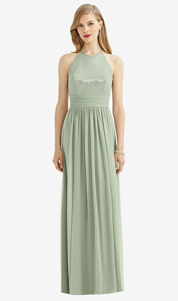 Front View - Sage Halter Lux Chiffon Sequin Bodice Dress