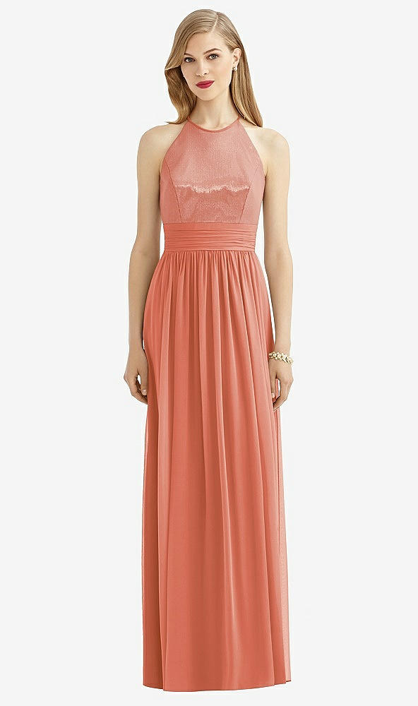 Front View - Terracotta Copper Halter Lux Chiffon Sequin Bodice Dress