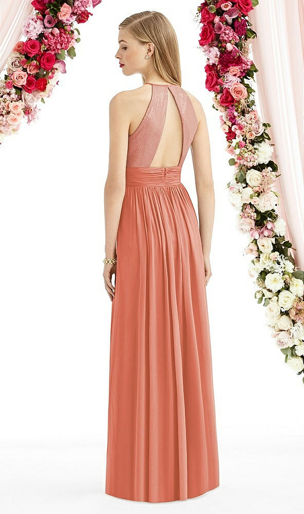 Back View - Terracotta Copper Halter Lux Chiffon Sequin Bodice Dress