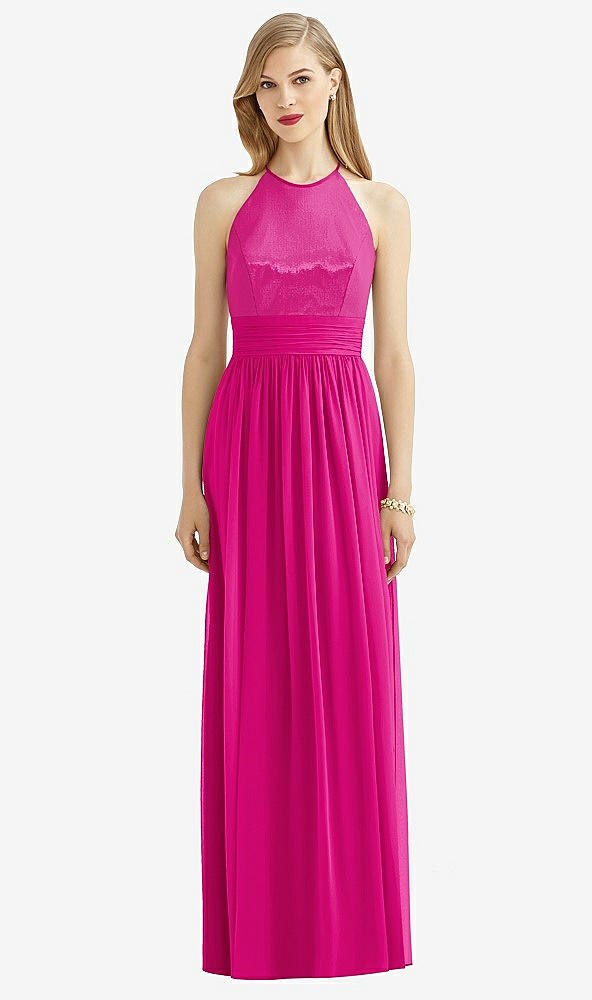 Front View - Think Pink Halter Lux Chiffon Sequin Bodice Dress