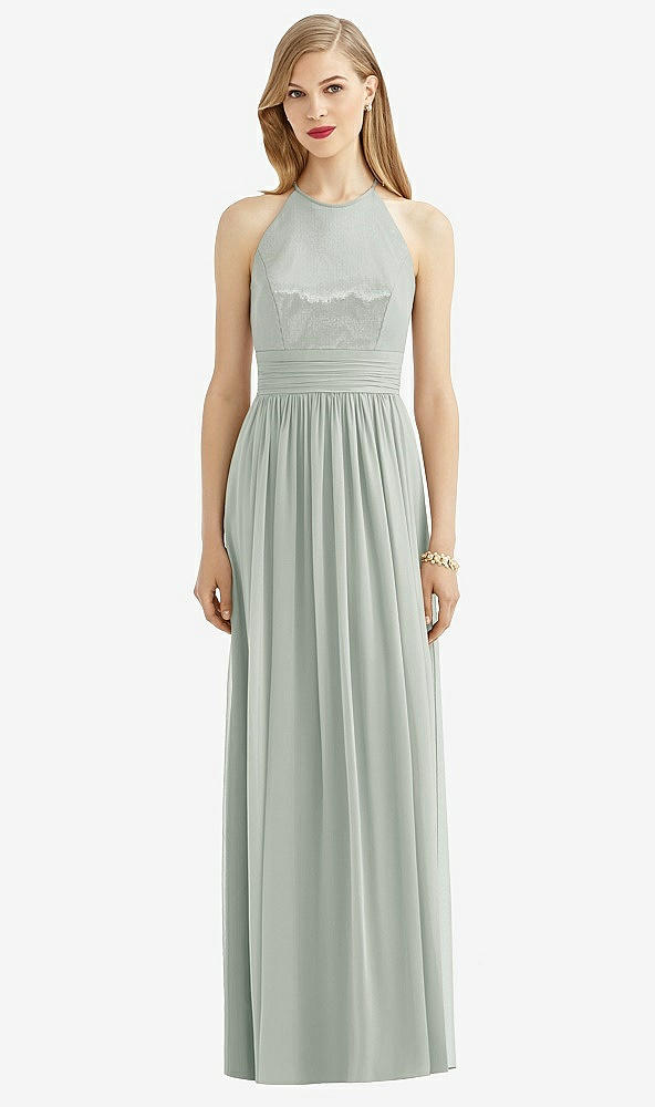 Front View - Willow Green Halter Lux Chiffon Sequin Bodice Dress