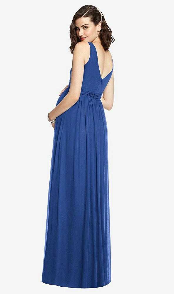 Back View - Classic Blue Sleeveless Notch Maternity Dress