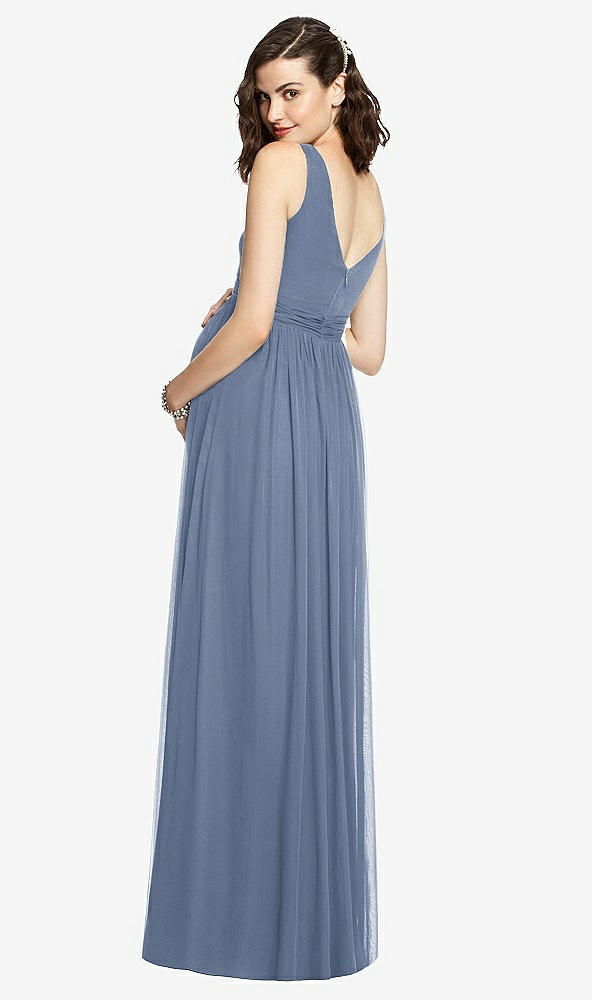 Back View - Larkspur Blue Sleeveless Notch Maternity Dress