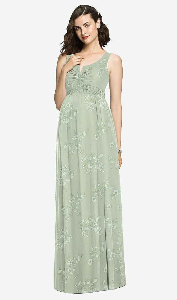 Front View - Vintage Primrose Sage Sleeveless Notch Maternity Dress