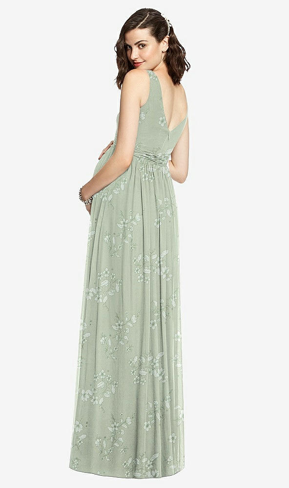 Back View - Vintage Primrose Sage Sleeveless Notch Maternity Dress