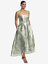 Alt View 1 Thumbnail - Sage Cottage Rose Strapless Floral Satin High Low Dress with Pockets