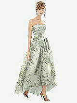 Front View Thumbnail - Sage Cottage Rose Strapless Floral Satin High Low Dress with Pockets