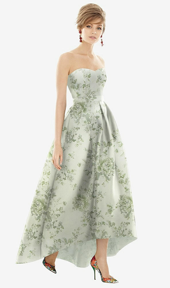 Front View - Sage Cottage Rose Strapless Floral Satin High Low Dress with Pockets