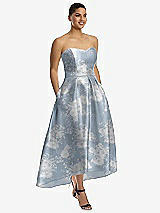 Alt View 1 Thumbnail - Porcelain Blue Seraphina Floral Strapless Floral Satin High Low Dress with Pockets