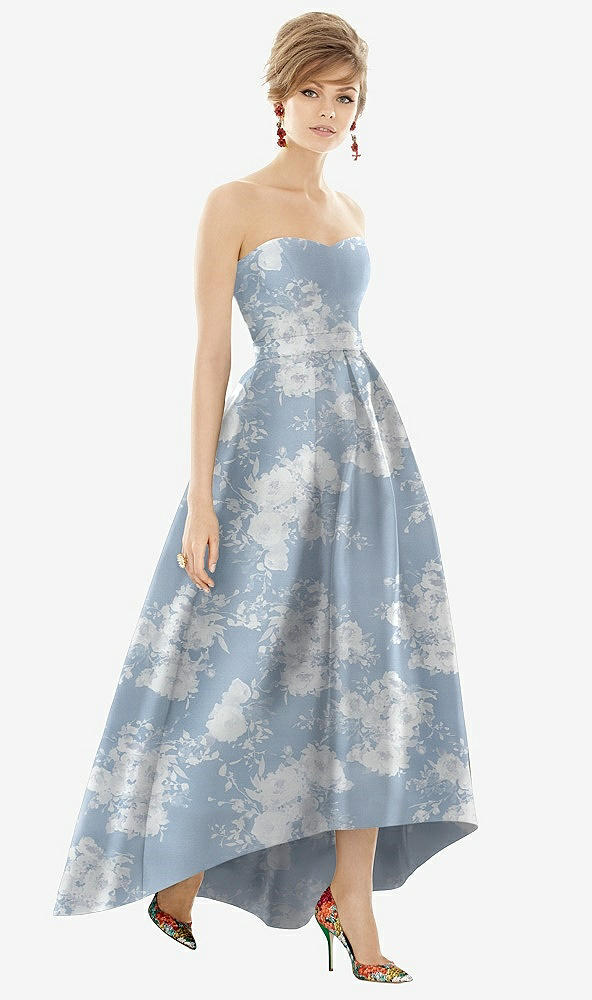 Front View - Porcelain Blue Seraphina Floral Strapless Floral Satin High Low Dress with Pockets