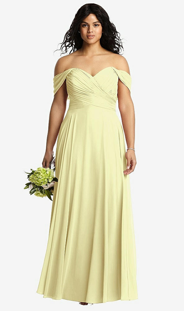 Front View - Butter Yellow Off-the-Shoulder Draped Chiffon Maxi Dress