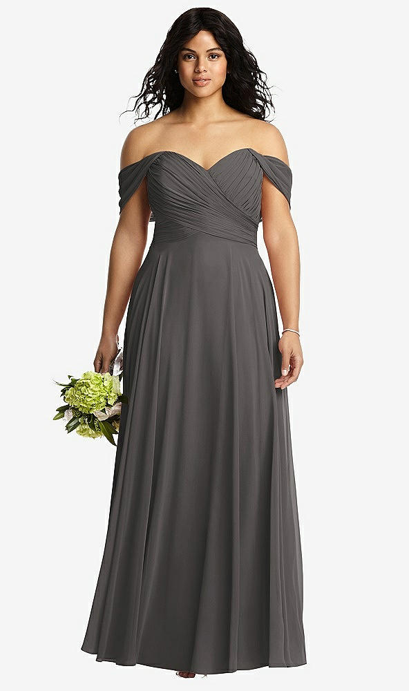 Front View - Caviar Gray Off-the-Shoulder Draped Chiffon Maxi Dress