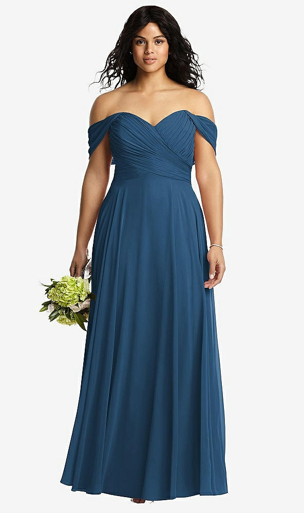 Front View - Dusk Blue Off-the-Shoulder Draped Chiffon Maxi Dress