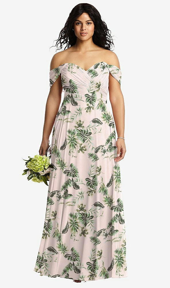 Front View - Palm Beach Print Off-the-Shoulder Draped Chiffon Maxi Dress