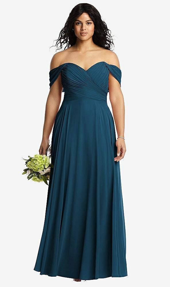 Front View - Atlantic Blue Off-the-Shoulder Draped Chiffon Maxi Dress