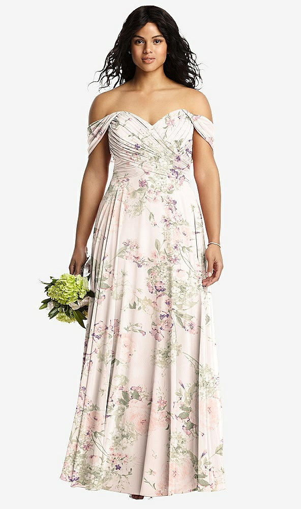 Front View - Blush Garden Off-the-Shoulder Draped Chiffon Maxi Dress