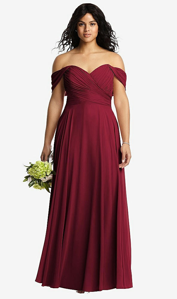 Front View - Burgundy Off-the-Shoulder Draped Chiffon Maxi Dress