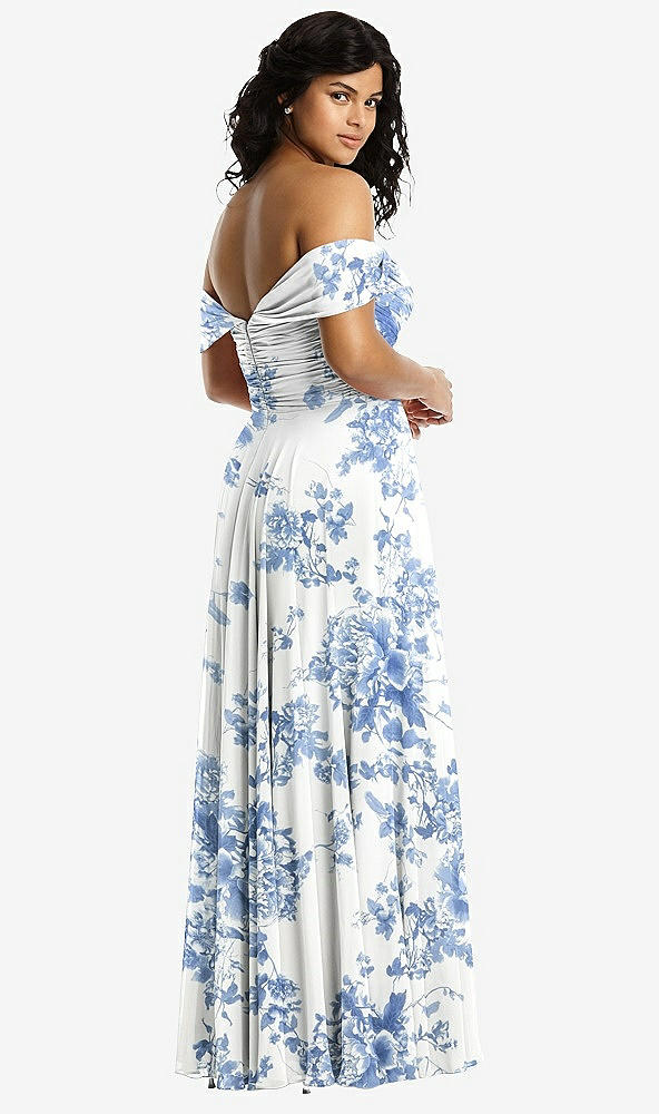 Back View - Cottage Rose Dusk Blue Off-the-Shoulder Draped Chiffon Maxi Dress