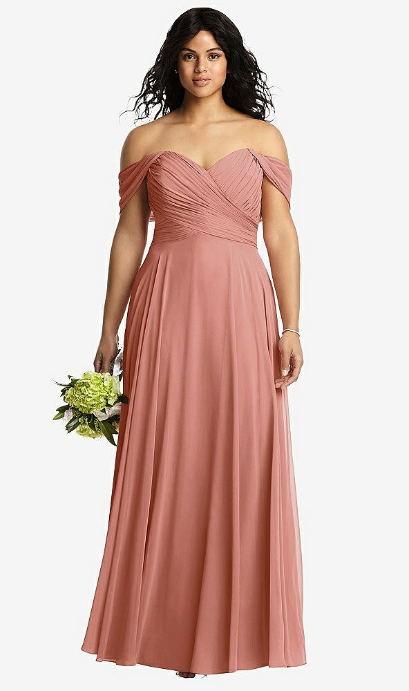 Front View - Desert Rose Off-the-Shoulder Draped Chiffon Maxi Dress