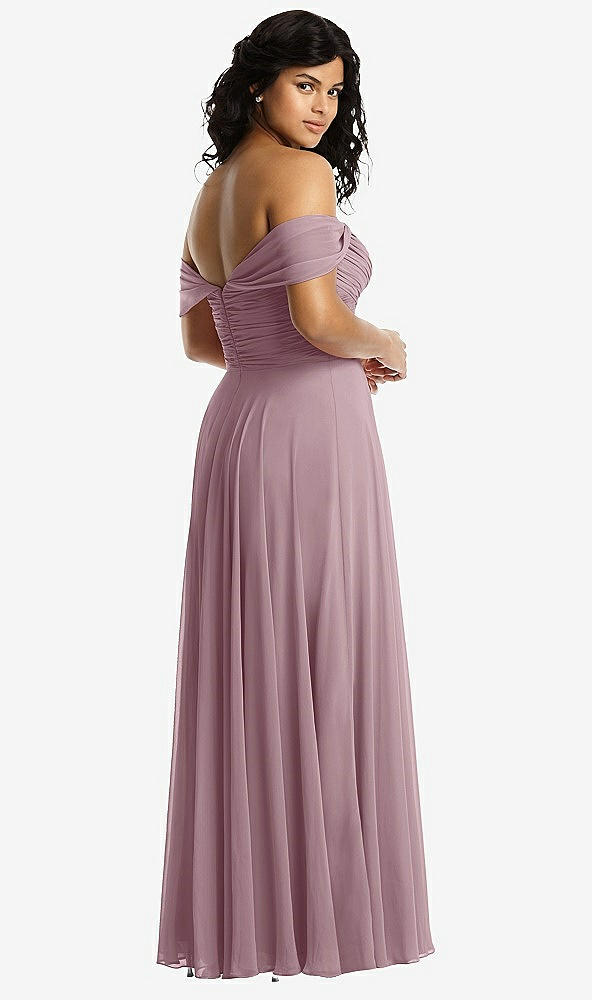 Back View - Dusty Rose Off-the-Shoulder Draped Chiffon Maxi Dress