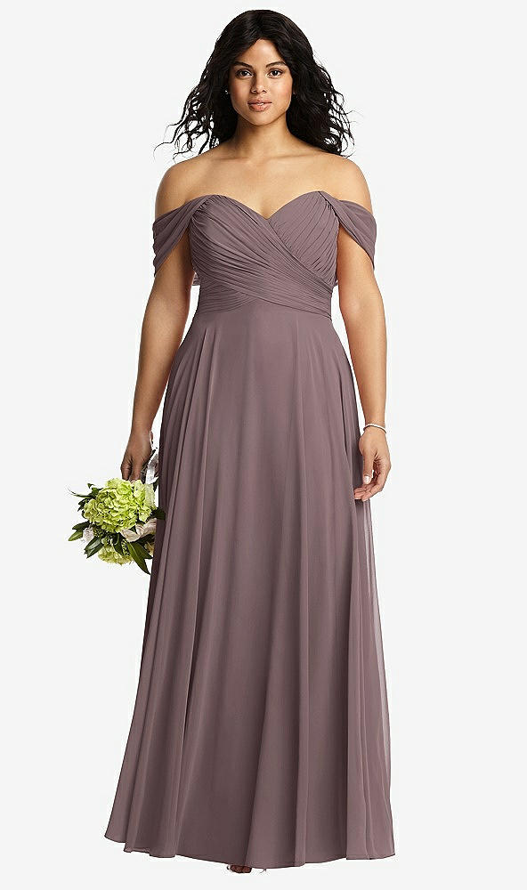 Front View - French Truffle Off-the-Shoulder Draped Chiffon Maxi Dress