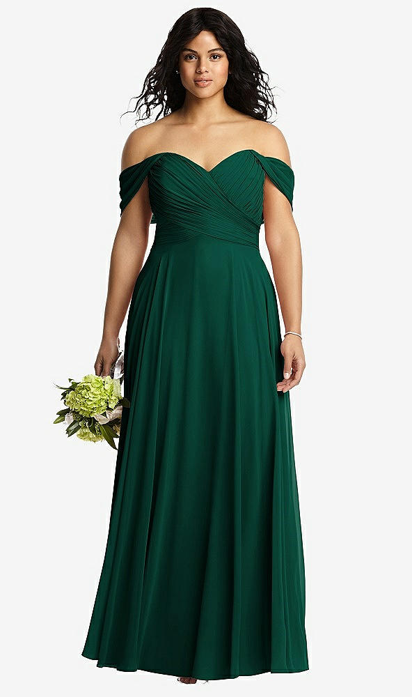 Front View - Hunter Green Off-the-Shoulder Draped Chiffon Maxi Dress