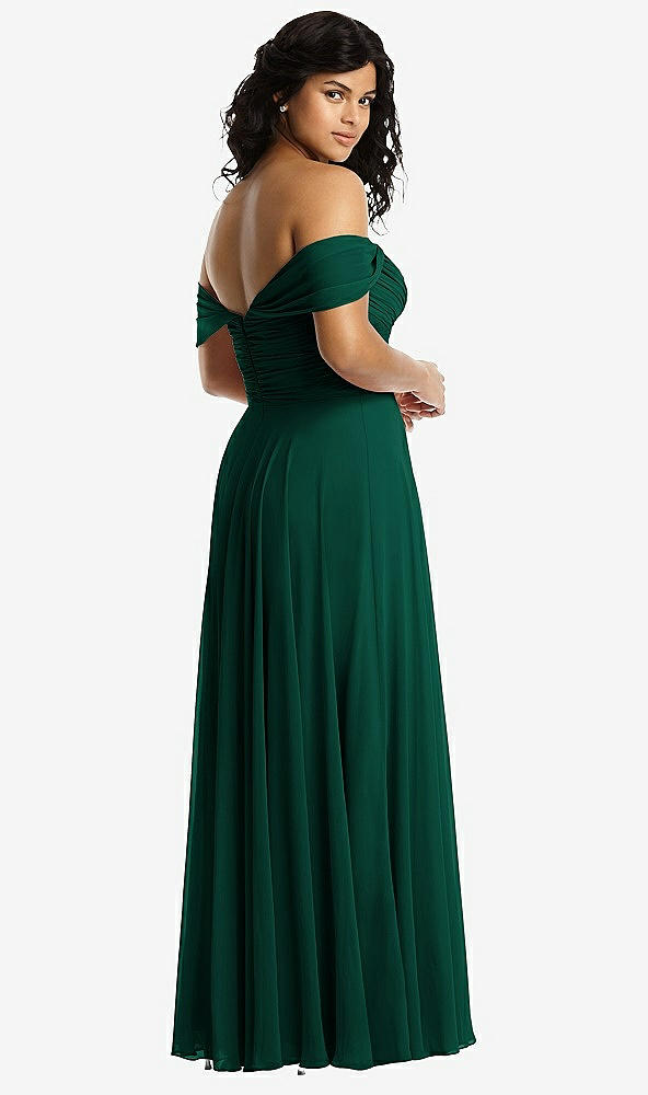 Back View - Hunter Green Off-the-Shoulder Draped Chiffon Maxi Dress