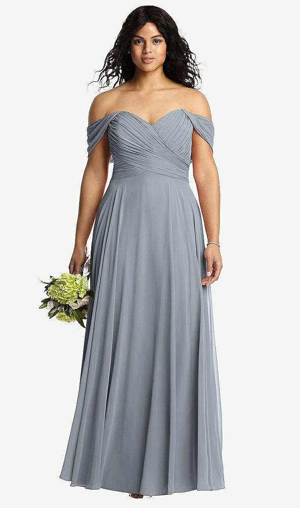 Front View - Platinum Off-the-Shoulder Draped Chiffon Maxi Dress