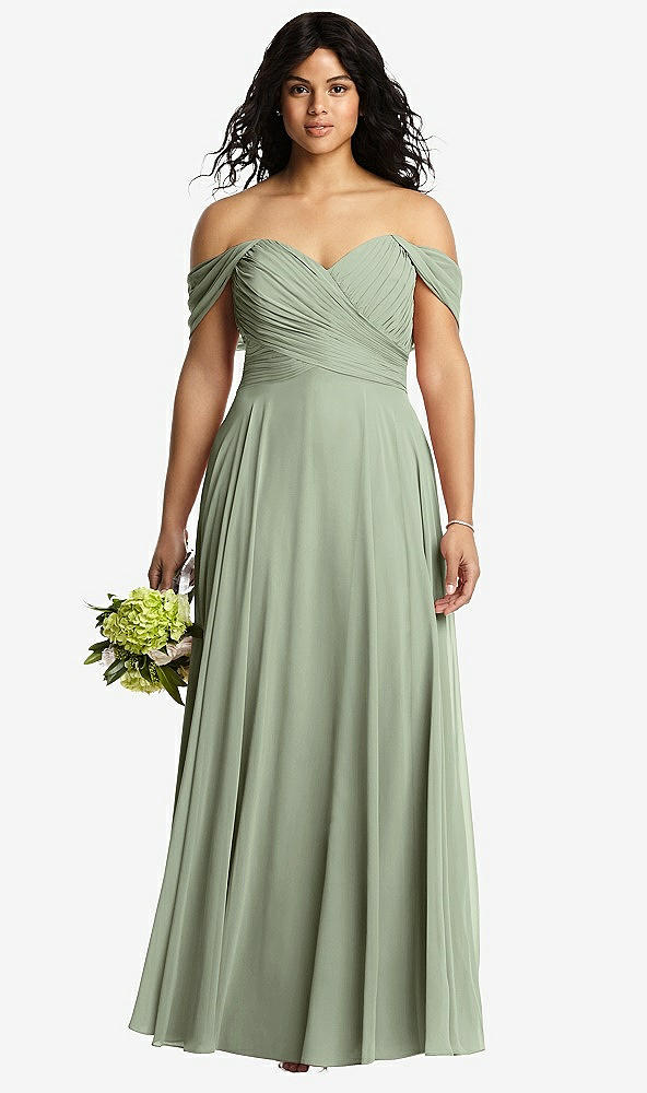 Front View - Sage Off-the-Shoulder Draped Chiffon Maxi Dress