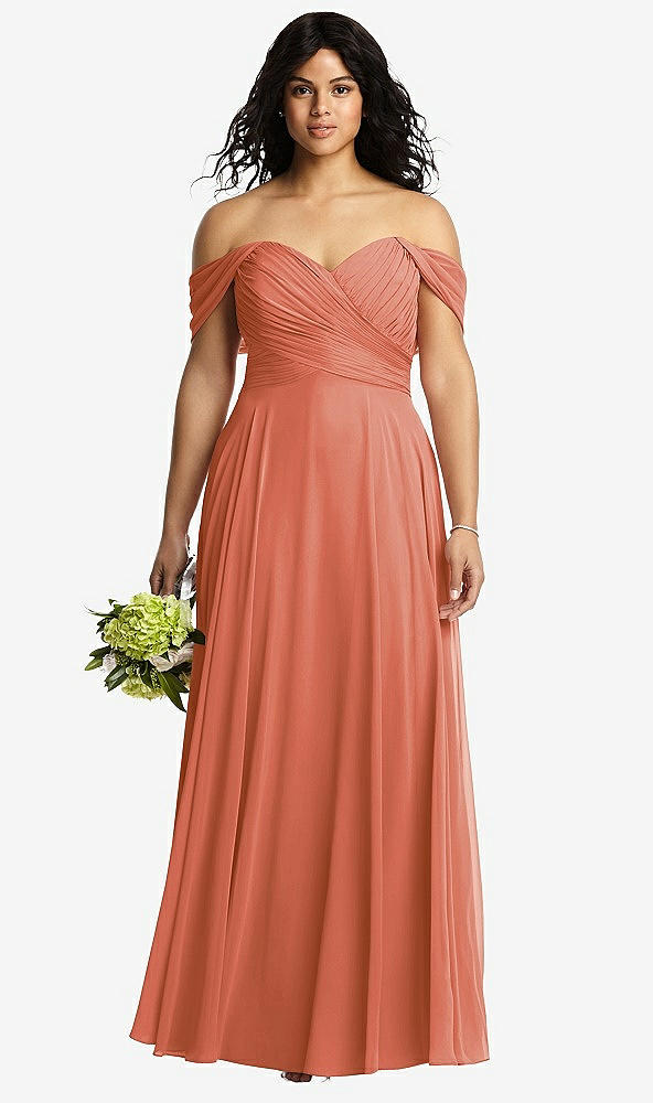 Front View - Terracotta Copper Off-the-Shoulder Draped Chiffon Maxi Dress