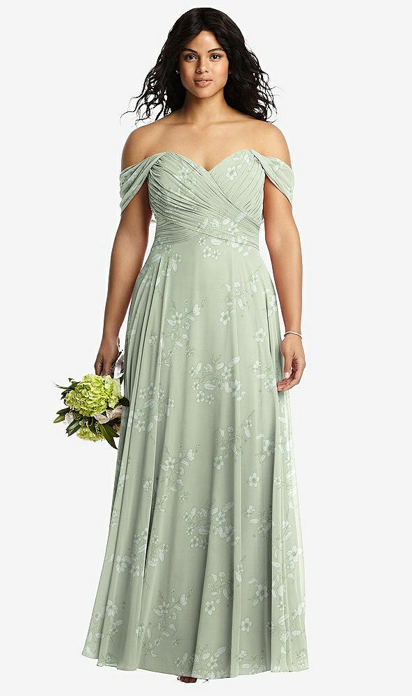 Front View - Vintage Primrose Sage Off-the-Shoulder Draped Chiffon Maxi Dress