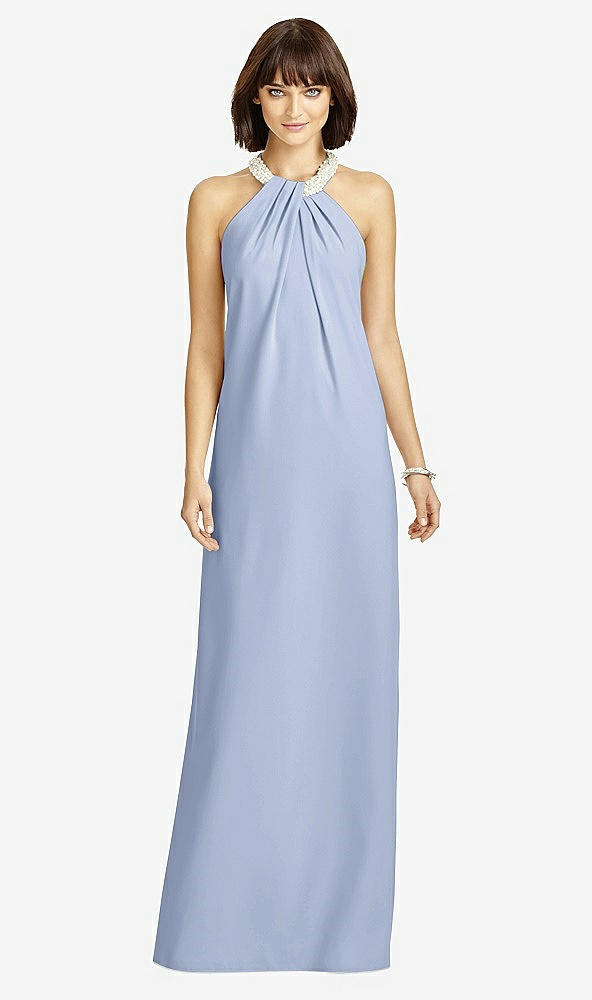 Front View - Sky Blue Full Length Crepe Halter Neckline Dress