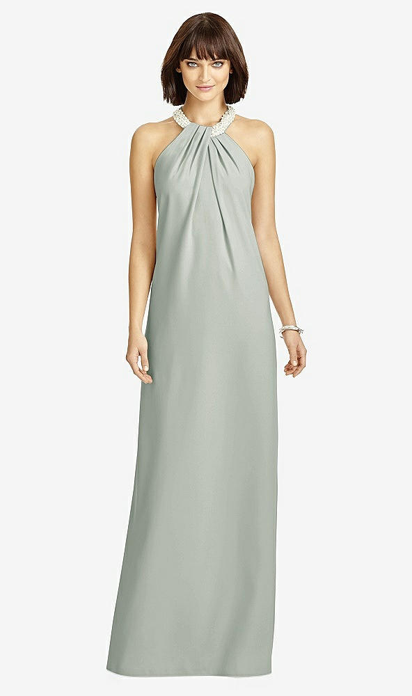 Front View - Willow Green Full Length Crepe Halter Neckline Dress