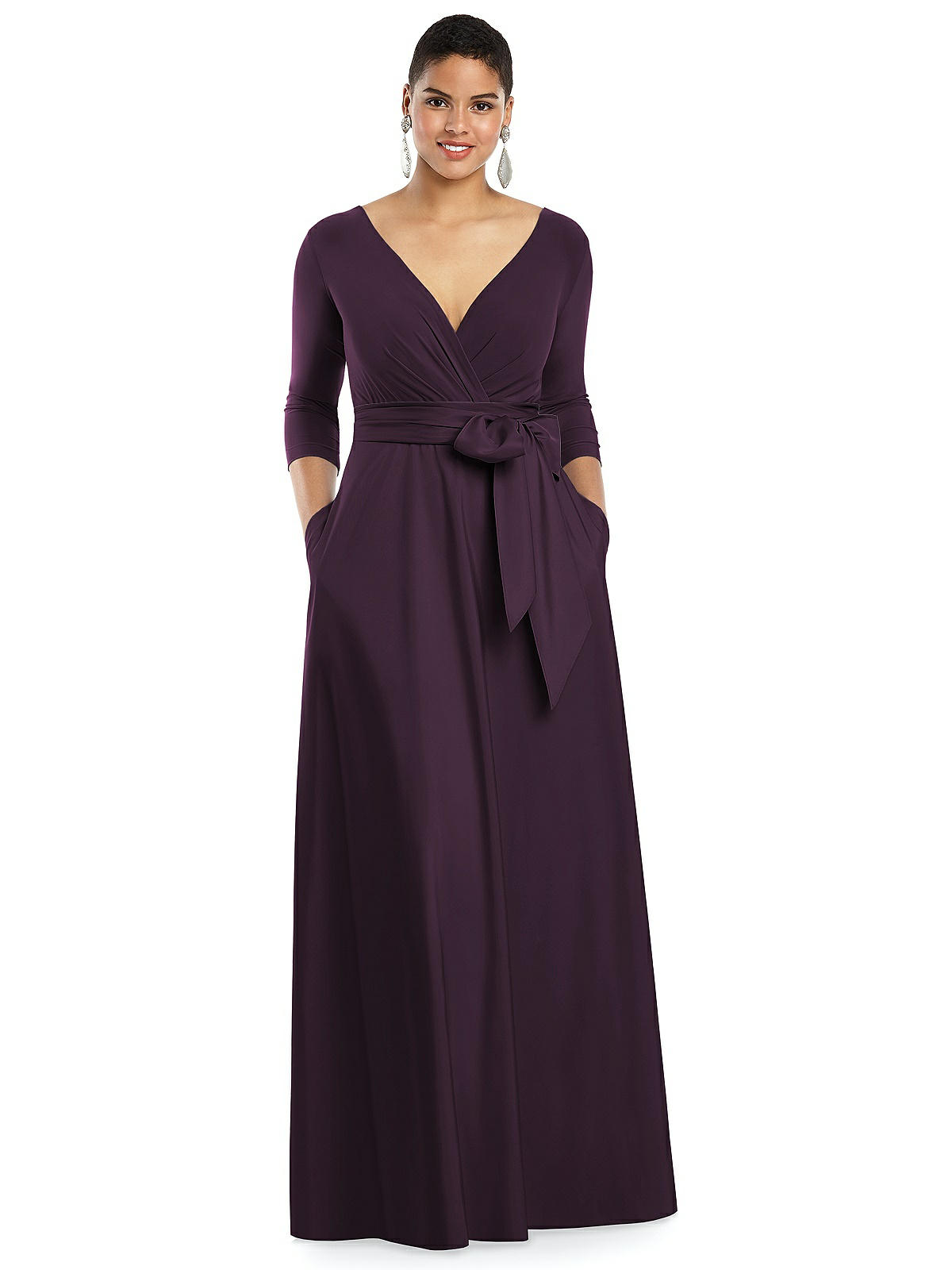 Three-quarter Sleeve Draped Full Skirt Bridesmaid Dress In Aubergine &  Aubergine | The Dessy Group