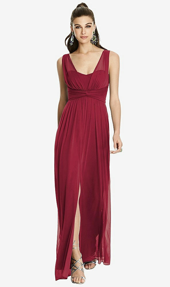 Front View - Burgundy Maxi Chiffon Knit Shirred Strap Dress