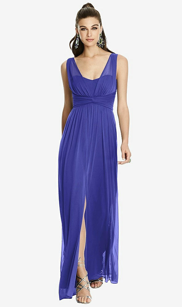 Front View - Electric Blue Maxi Chiffon Knit Shirred Strap Dress