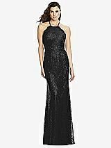 Front View Thumbnail - Black Halter Criss Cross Open-Back Lace Trumpet Gown