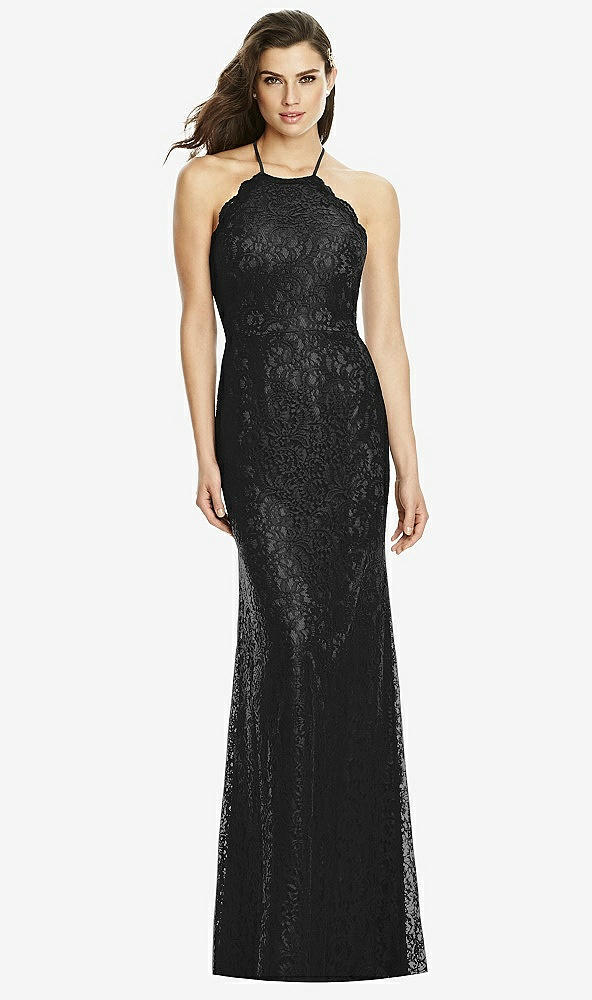 Front View - Black Halter Criss Cross Open-Back Lace Trumpet Gown