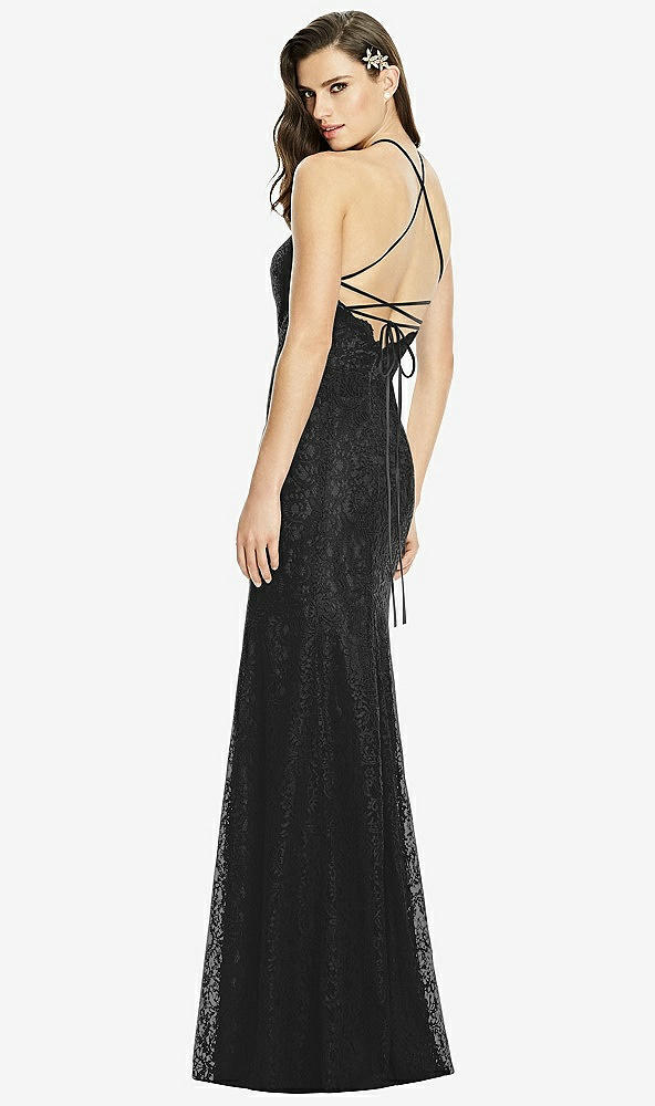 Back View - Black Halter Criss Cross Open-Back Lace Trumpet Gown