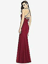 Rear View Thumbnail - Burgundy Halter Criss Cross Open-Back Lace Trumpet Gown