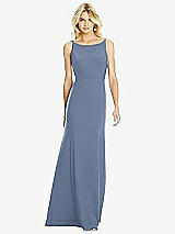 Rear View Thumbnail - Larkspur Blue Bateau Neck Open-Back Trumpet Gown