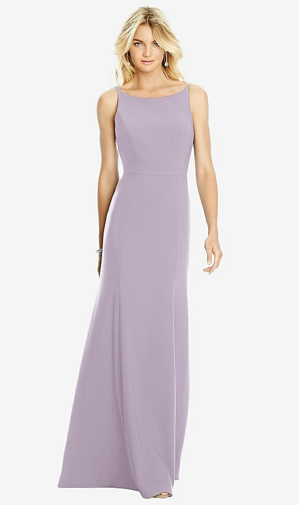 Back View - Lilac Haze Bateau Neck Open-Back Trumpet Gown