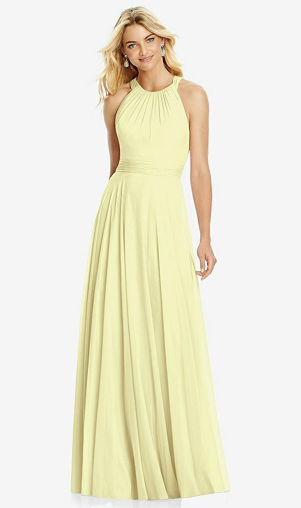 Front View - Butter Yellow Cross Strap Open-Back Halter Maxi Dress