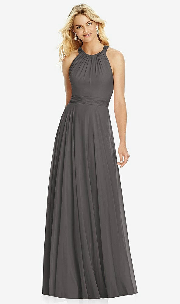 Front View - Caviar Gray Cross Strap Open-Back Halter Maxi Dress